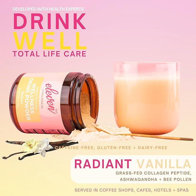 Eleven TLC, Radiant Beauty Boosting Grassfed Vanilla Collagen Peptides Superfood Latte, Beauty Collagen, Vanilla Protein Powder, Non-reactive Glass Jar, MD Formulated