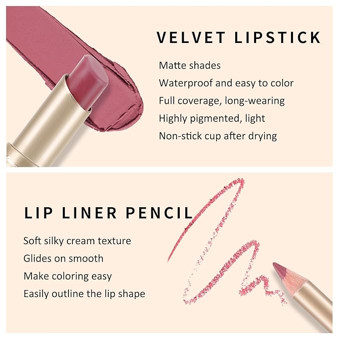 Boobeen 2 Pcs Lip Liner and Lipstick Set, Ultra-Long-Lasting