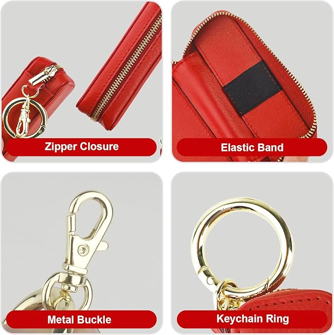 Bocasal Leather Lipstick Case Holder Chapstick Keychain Pouch, Zipper Lip Balm Lip Gloss Bag for Purse with Key Chain Elastic Band, Makeup Travel Organizer, Cosmetic Storage Kit for Women Girls (Red)