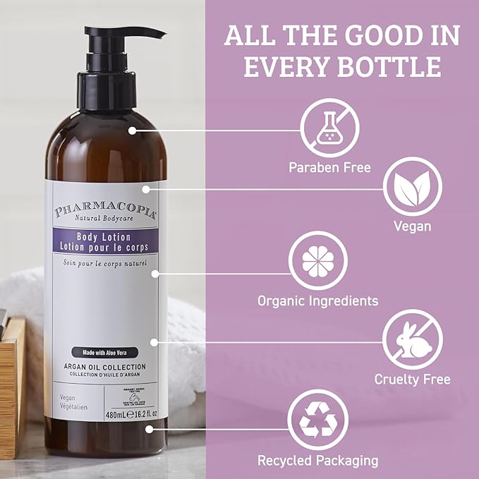 Pharmacopia Hotel Argan Oil Body Lotion - Vegan Moisturizer for Dry Skin, Aromatherapy Lotion with Melon and Green Tea Essence - Natural, Organic and Cruelty-Free Skin Care, 16.2 oz