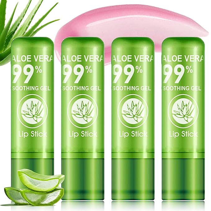 4Pcs Aloe Vera Color Changing Lipstick,Aloe Vera Lip Balm Set Temperature Color Change Lip Gloss Magic Lipstick Waterproof Long Lasting Nutritious Moisturizer Lip Balm Makeup Kit
