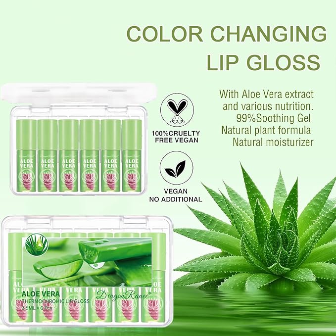 6Pcs Aloe Vera Lip Gloss,Color Changing Lip Gloss, Tinted Lip Oil High-Shine Clear Temperature Color Change Lip Stain, Glossier Lip Tint for Women Lip Care Prevents Dry Cracked Lips (Aloe Vera)
