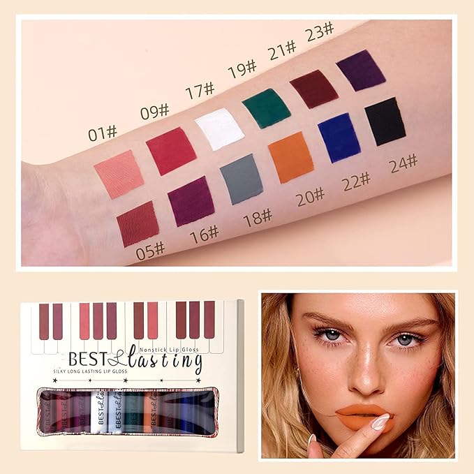 12PCS Matte Liquid Lipstick Set Non-Stick Cup and Not Fade Pigmented Lipstick Long-Lasting Waterproof Velvet Lipgloss Kit Makeup Gift for Girls and Women (Set 02)