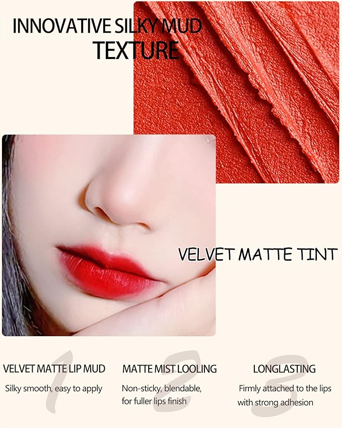 Velvet Lip Mud Tinted, Matte Lip Cream Lip Gloss, Velvet Matte Finish, Blendable High-Pigmentation Silky Creamy Texture, Lightweight, Soft, Moisturizing, Korean Lipstick Makeup Gift for Women Girl-#04