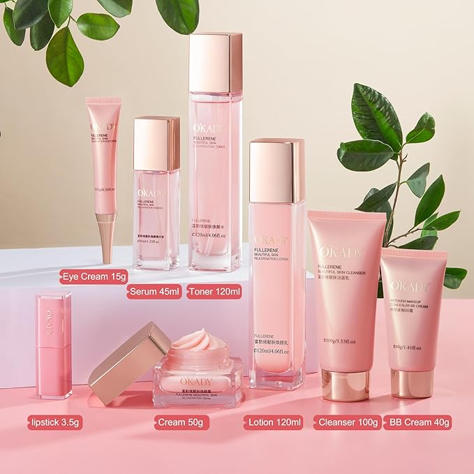 8-in-1 Skincare & Makeup Gift Set with Antioxidant Complex – Cleanser, Toner, Lotion,Serum, Eye Cream,BB Cream & Velvet Lip Color – Hydrating Routine for All Skin Types, Daily Glow Essentials 
