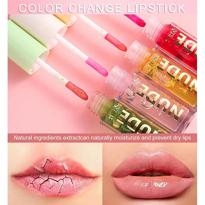 4 Colors Fruit Color Changing Lip Gloss lipstick, PH Temperature Color Changing Lip Oil Tinted Lip Stain Lip Balm, Long Lasting Nourishing Moisturizing Lip Glow Oil for Lip Care