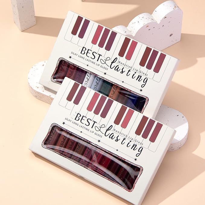 12PCS Matte Liquid Lipstick Set Non-Stick Cup and Not Fade Pigmented Lipstick Long-Lasting Waterproof Velvet Lipgloss Kit Makeup Gift for Girls and Women (Set 02)