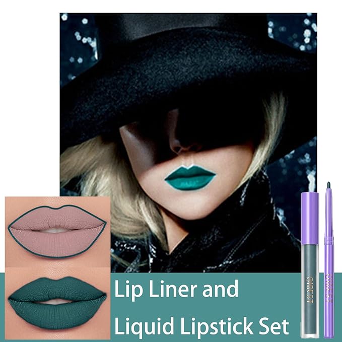 2 Pcs Halloween Dark Matte Liquid Lipstick + Lip Liner Pens Sets, 8 Colors High Pigmented Goth Sexy & Bold Lip Gloss, 24H Waterproof Long-lasting Matte Lipstick , Non-Stick Cup Velvety Lip Makeup for Women (Green)