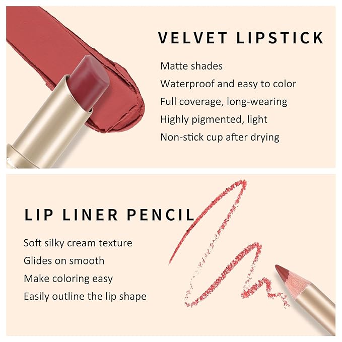 Boobeen 2 Pcs Lip Liner and Lipstick Set, Ultra-Long-Lasting