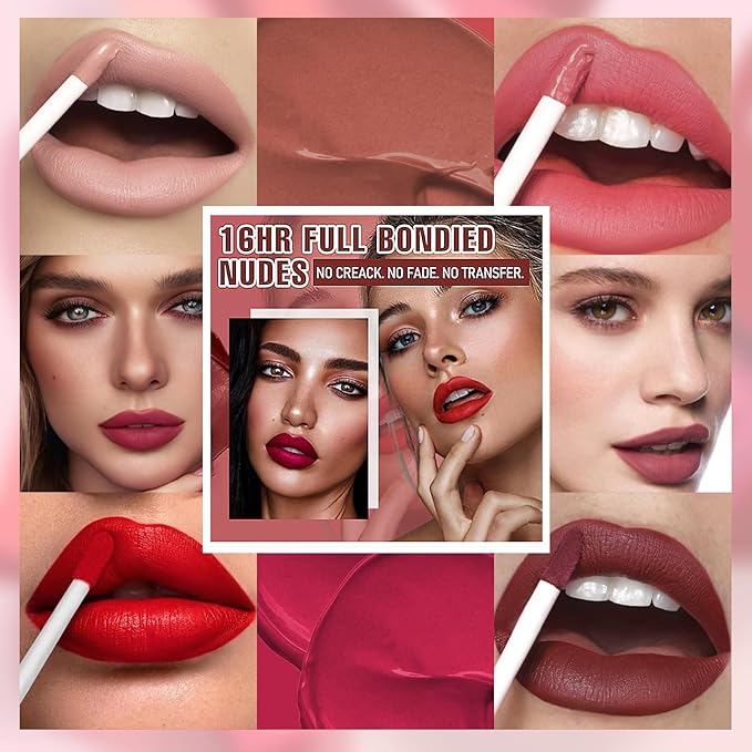 6 Colors Matte Liquid Lipstick Set, Velvet Smooth Gloss,