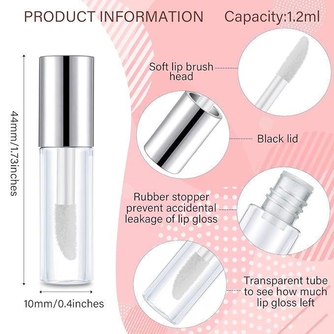 100 Pieces 1.2 ml Clear Mini Lip Gloss Tube Refillable Empty Lip Balm Gloss Containers Bottles Transparent Mini Lipstick Containers for Women Girls DIY Makeup (Silver)