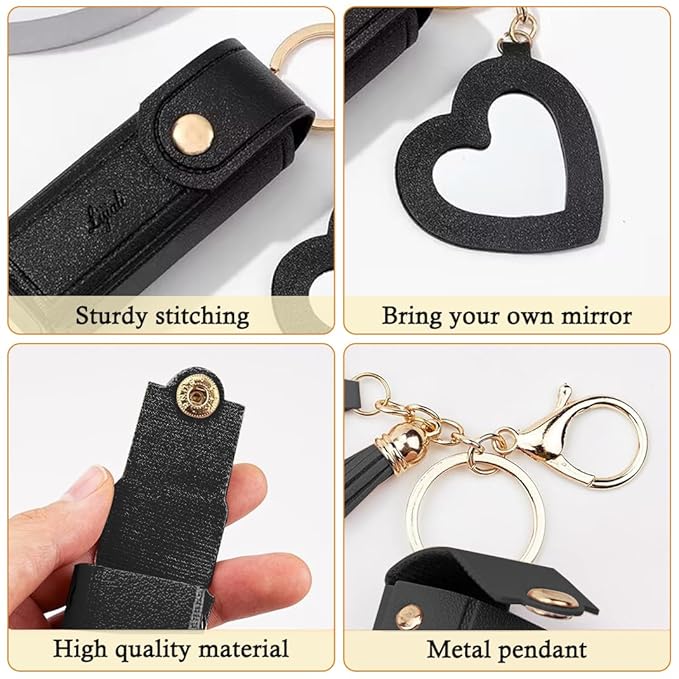 2 pcs Lipstick Cases Keychain Chapstick Case Holder Lip Balm Sleeves Pouch with Mirror Heart Shaped, Portable Leather Lip Gloss Mini Bags Stocking Stuffers (black+white)