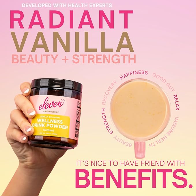 Eleven TLC, Radiant Beauty Boosting Grassfed Vanilla Collagen Peptides Superfood Latte, Beauty Collagen, Vanilla Protein Powder, Non-reactive Glass Jar, MD Formulated