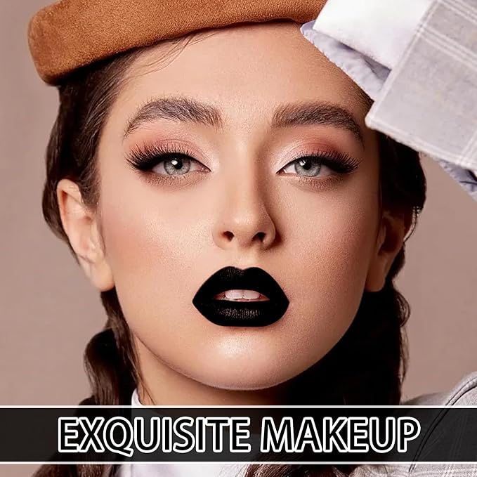 3 in 1 Lipstick and Lipliner Set,Lip Liner and Lipstick Set 3Pcs,Black Matte Lipstick Lip Liner,Moisturizing Velvet Lip Gloss Set,Long Lasting Waterproof Lip Stain Liquid Lipgloss Set for Women Halloween Gothic Makeup