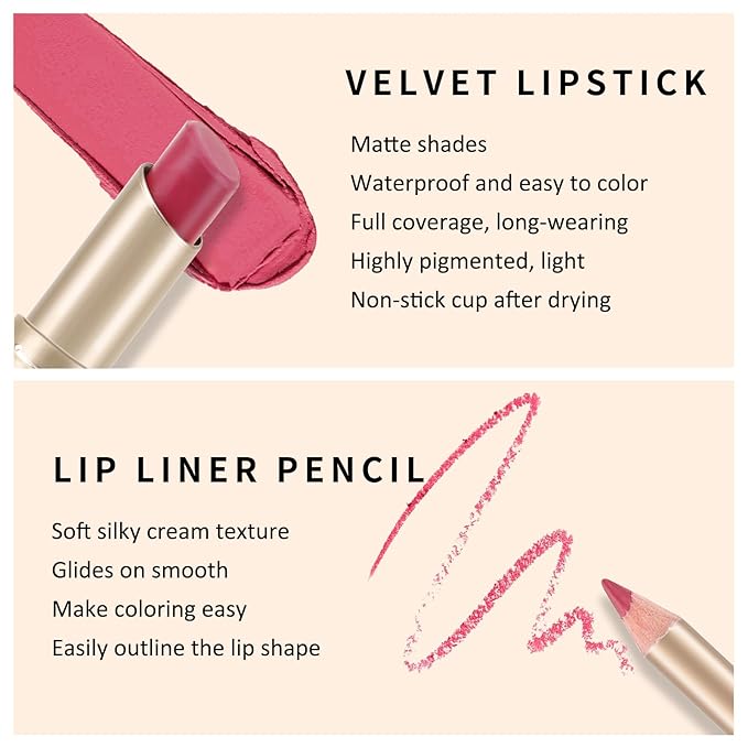 Boobeen 2 Pcs Lip Liner and Lipstick Set, Ultra-Long-Lasting