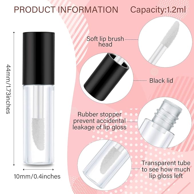 100 Pieces 1.2 ml Clear Mini Lip Gloss Tube Refillable Empty Lip Balm Gloss Containers Bottles Transparent Mini Lipstick Containers for Women Girls DIY Makeup (Black)
