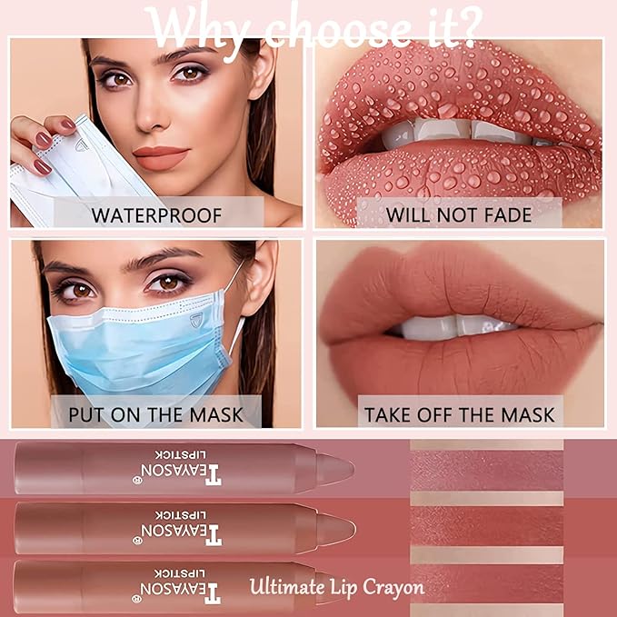 3 Colors Liquid Matte Lipstick Set, Velvet Air Moisture Smooth Crayon Nude Lipstick,Ultimate Nourishing Lipstick 24 Hour Long Lasting Waterproof Lip Gloss Lipstick for Women Makeu (Set E)