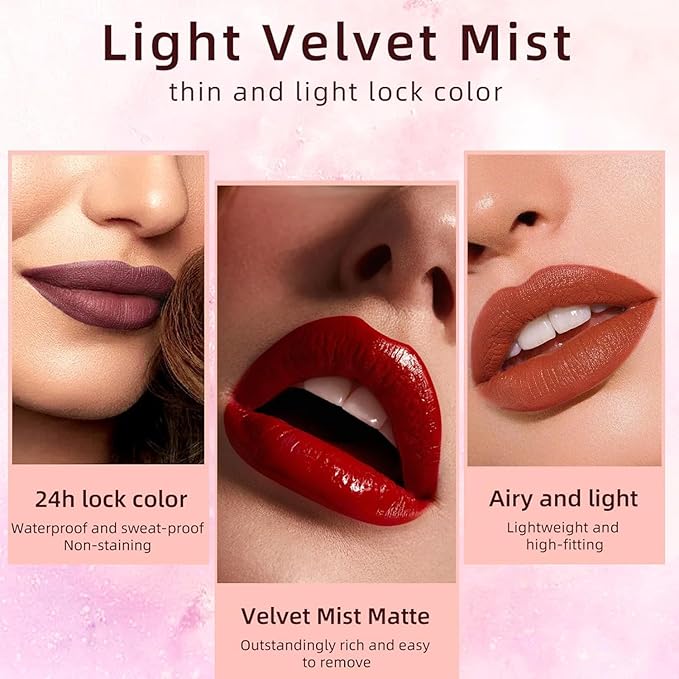 12 Colors Matte Liquid Lipstick Set, Shiny Smooth Soft Liquid Velvet Lipstick Set, Non-stick Cup, Not Fade, Waterproof, Long Lasting, Lip Gloss Set for Women Makeup Kit
