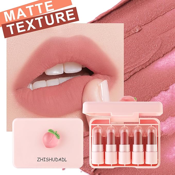 5 Colors Nude Matte Lipstick Set,Smooth Velvety Lip Long