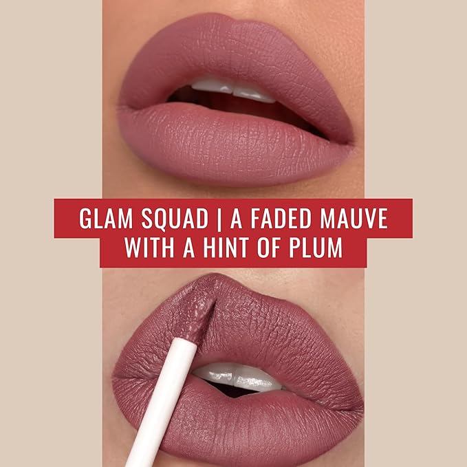 Runway Rogue Velvet Glam Liquid Lipstick, Almost-Matte Faded Mauve Lipstick with a Hint of Plum, ‘Glam Squad’