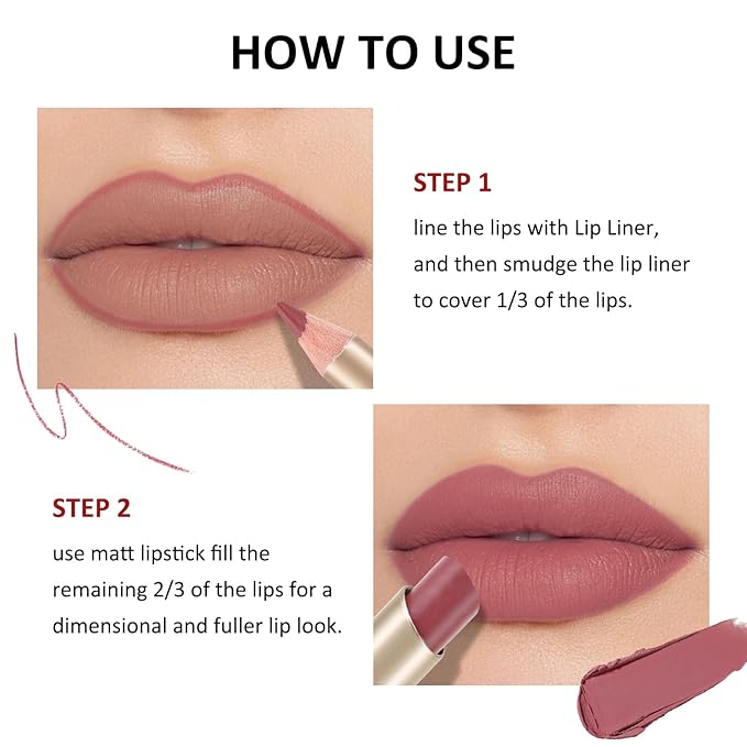 Boobeen 2 Pcs Lip Liner and Lipstick Set, Ultra-Long-Lasting
