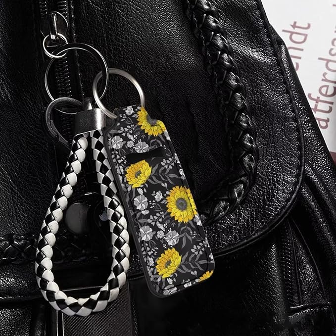 Bulopur Black Yellow Sunflower Chapstick Keychain Holder Lip
