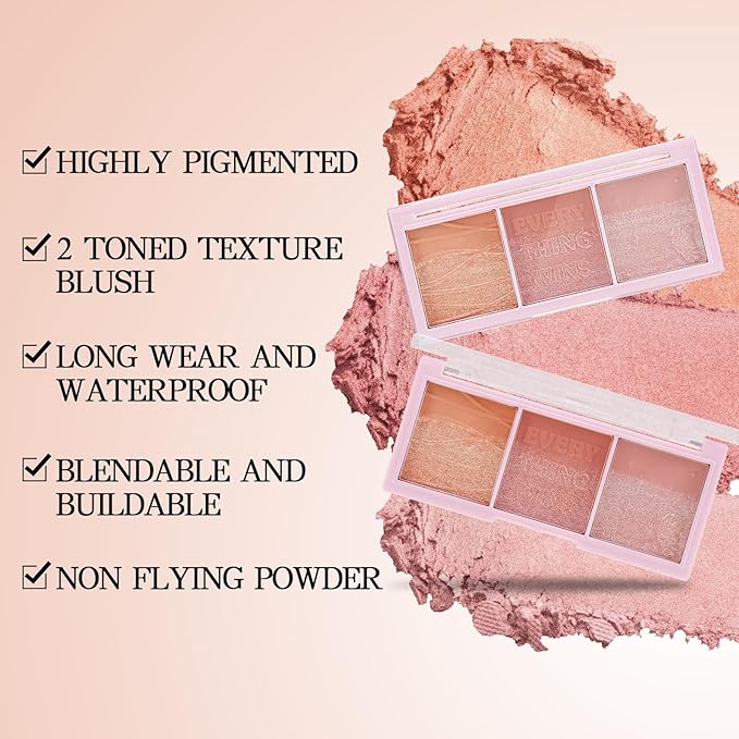 3 Colors Blush Palette,Blush Powder for Cheeks Makeup,Glitter