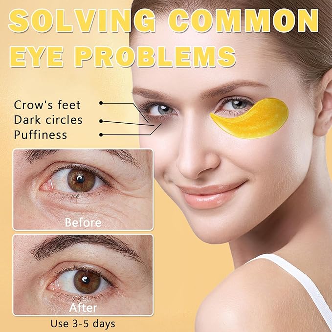 DAMUSI Gold Under Eye Patches for Puffy Eyes and Dark Circles,Moisturise 24k Gold Eye Mask for Dark Circles,Smooth Wrinkles Collagen Eye Patches,Reduce Eye Lines Eye Care(30 Pairs)
