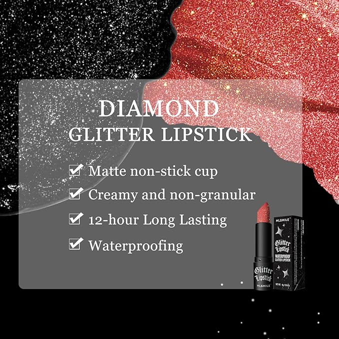 Glitter Lipstick, Women's Diamond Shiny Matte Lip Gloss, Glitter