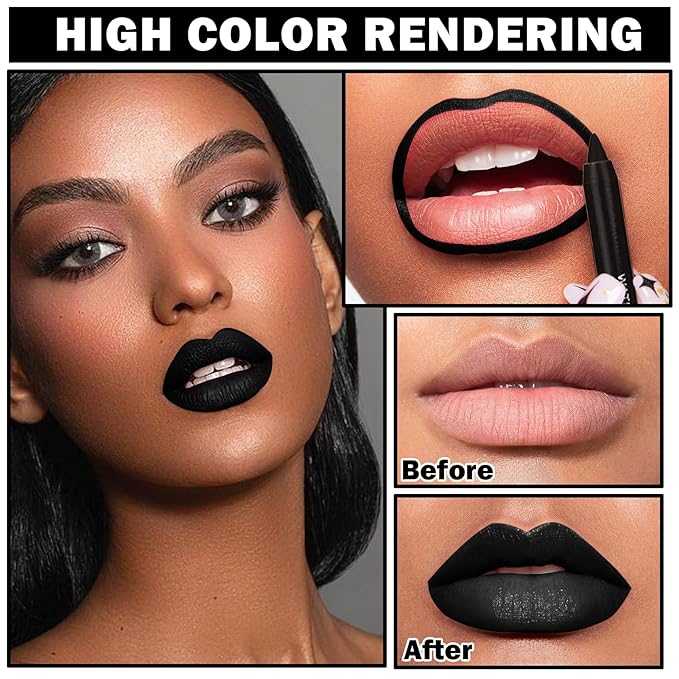 Black Matte Lipstick and Lip Liner Pencil Set Black Liquid Lipstick Lip Gloss Set Smudge Proof Long-lasting Lip Stain Suitable for Halloween Goth Cosplay Makeup Black Lip Makeup