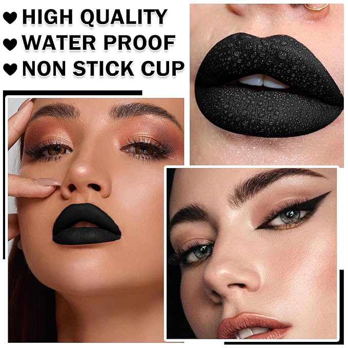 Black Matte Lipstick and Lip Liner Pencil Set Black Liquid Lipstick Lip Gloss Set Smudge Proof Long-lasting Lip Stain Suitable for Halloween Goth Cosplay Makeup Black Lip Makeup