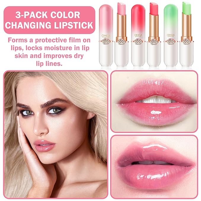 AWCCXMYM 3Pcs Color Changing Lipstick Lip Oil Glow Changing