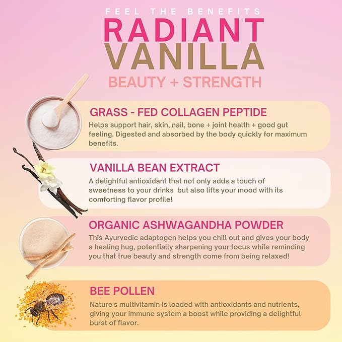Eleven TLC, Radiant Beauty Boosting Grassfed Vanilla Collagen Peptides Superfood Latte, Beauty Collagen, Vanilla Protein Powder, Non-reactive Glass Jar, MD Formulated