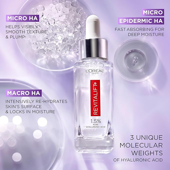 L'Oreal Paris Revitalift 1.5% Pure Hyaluronic Acid Face Serum, Hydrate & Reduce Wrinkles, Fragrance Free 1 oz