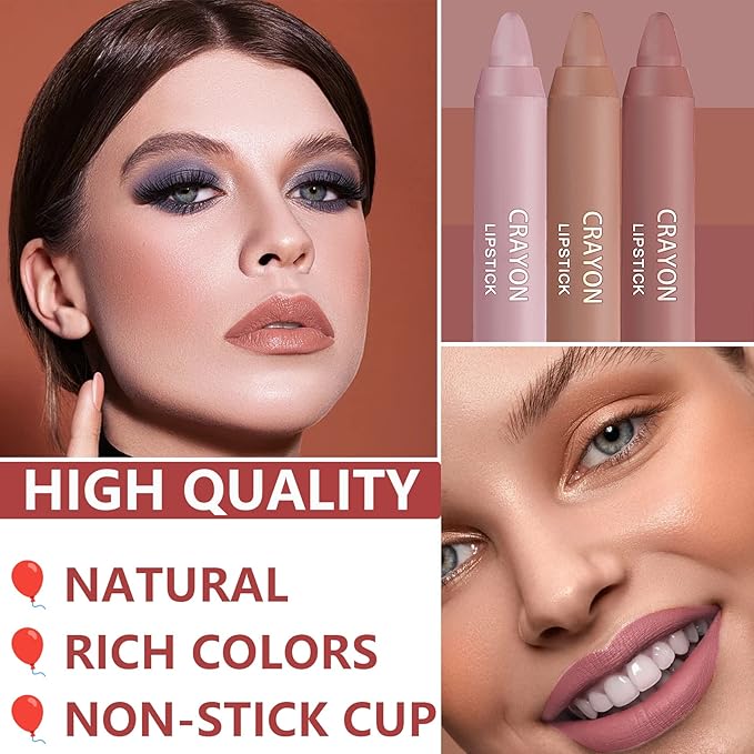 3 Pcs Nude Crayon Lipstick Set,Matte Velvet Lipstick Lip Crayon Nourishing Non-Stick Cup Lip Stain Lip Gloss,Long-lasting Waterproof Lip Stick Lip Makeup for Women(Set A)