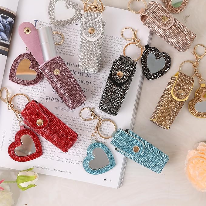 Rhinestones Lipstick Keychain Holder with mirror Chapstick Holde