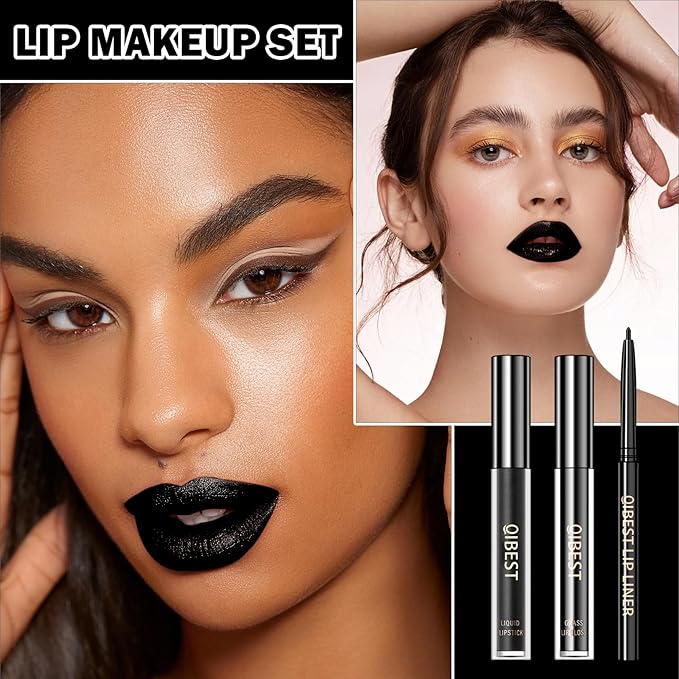 3 in 1 Lipstick and Lipliner Set,Lip Liner and Lipstick Set 3Pcs,Black Matte Lipstick Lip Liner,Moisturizing Velvet Lip Gloss Set,Long Lasting Waterproof Lip Stain Liquid Lipgloss Set for Women Halloween Gothic Makeup