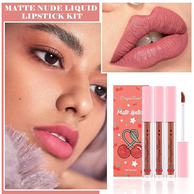 3PCS Matte Nude Lipstick Set Liquid Lipstick Lip Gloss Set,Matte Velvety Lip Stick High Pigmented Lip Tint Lip Stain Set for Daily Makeups - Set C