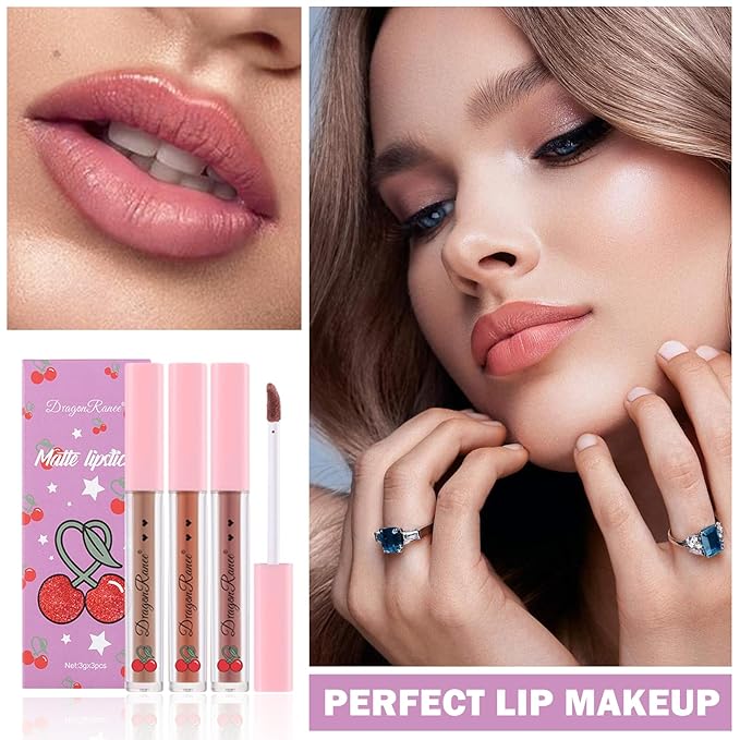 3PCS Matte Nude Lipstick Set Liquid Lipstick Lip Gloss Set,Matte Velvety Lip Stick High Pigmented Lip Tint Lip Stain Set for Daily Makeups - Set D