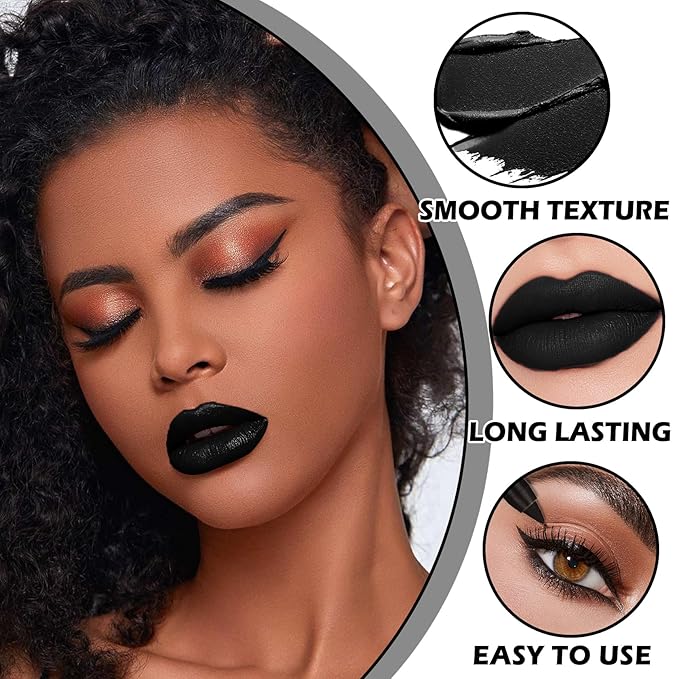 Black Matte Lipstick and Lip Liner Pencil Set Black Liquid Lipstick Lip Gloss Set Smudge Proof Long-lasting Lip Stain Suitable for Halloween Goth Cosplay Makeup Black Lip Makeup