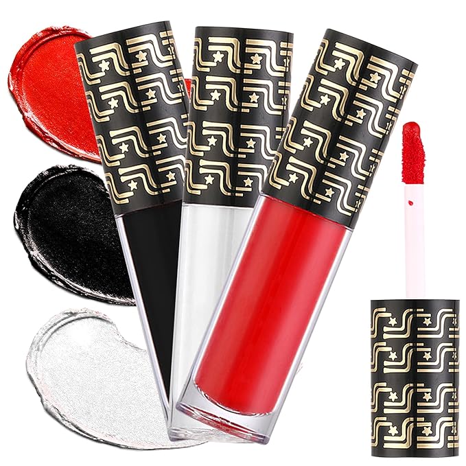 3 PCS Matte Black & White & Red Liquid Lipstick,Professional Halloween Special Effects Makeup Long Lasting Waterproof Face Body Paint Lip Gloss for Cosplay Goth Makeup