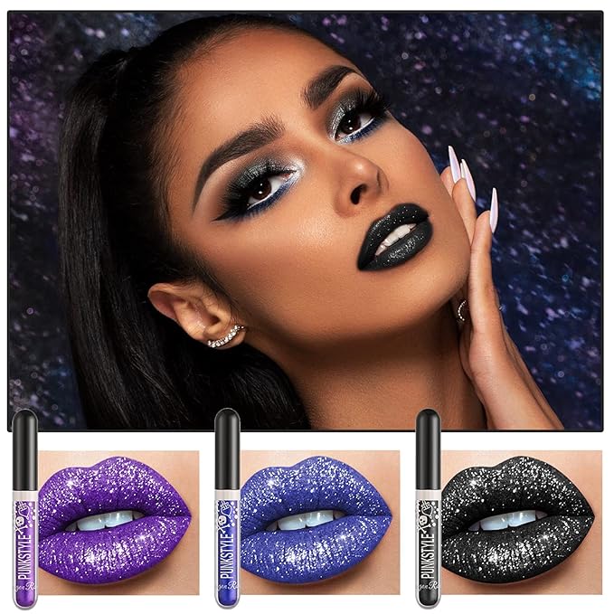 3PCS Black Blue Purple Liquid Glitter Lipstick Glitter Glitter