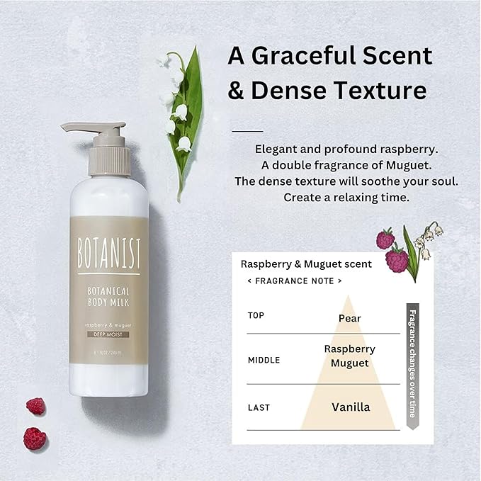Organic Body Lotion for Women, Soothing Lotion for Sensitive & Dry Skin, Hydrating Skin Care with Botanical Butter Milk, Body Milk from Japan, DEEP MOIST, Raspberry & Muguet, 8.1 Fl Oz