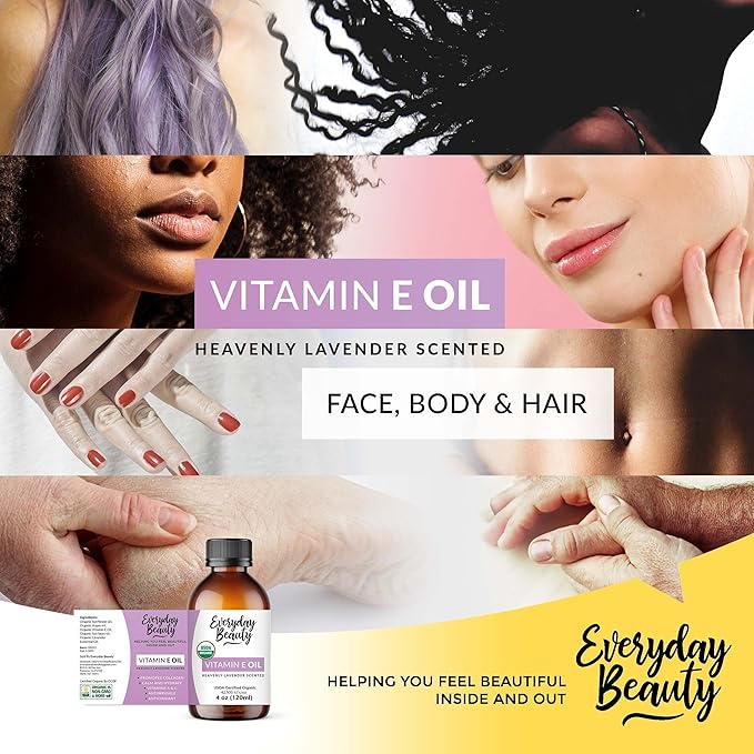 Organic Vitamin E Oil - Heavenly Lavender Scented USDA Certified 100% All Natural Plant Based 4oz - Lightweight and Great for Scars After Surgery - For Face, Skin and Nails
