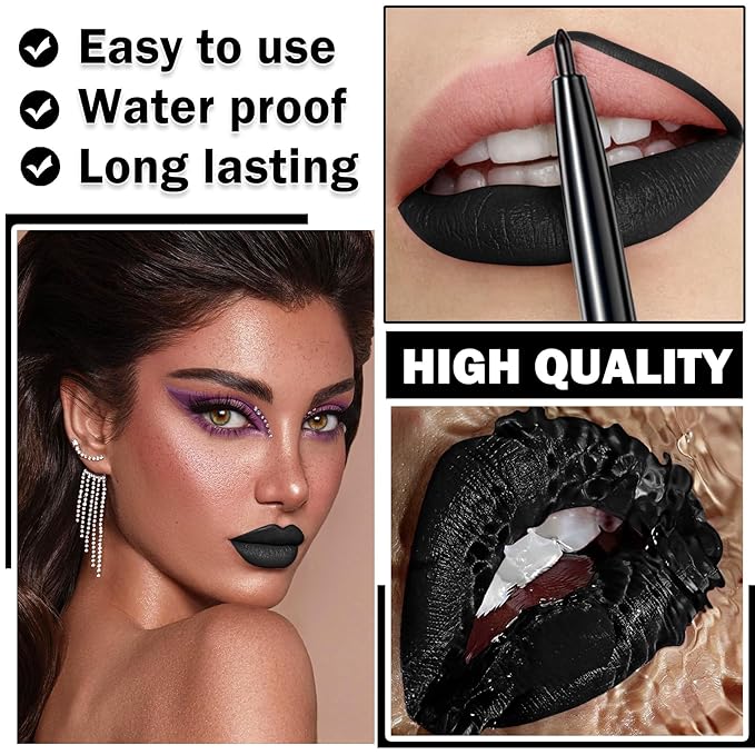 3Pcs Black Lip Liner And Lipstick Set Liquid Charming