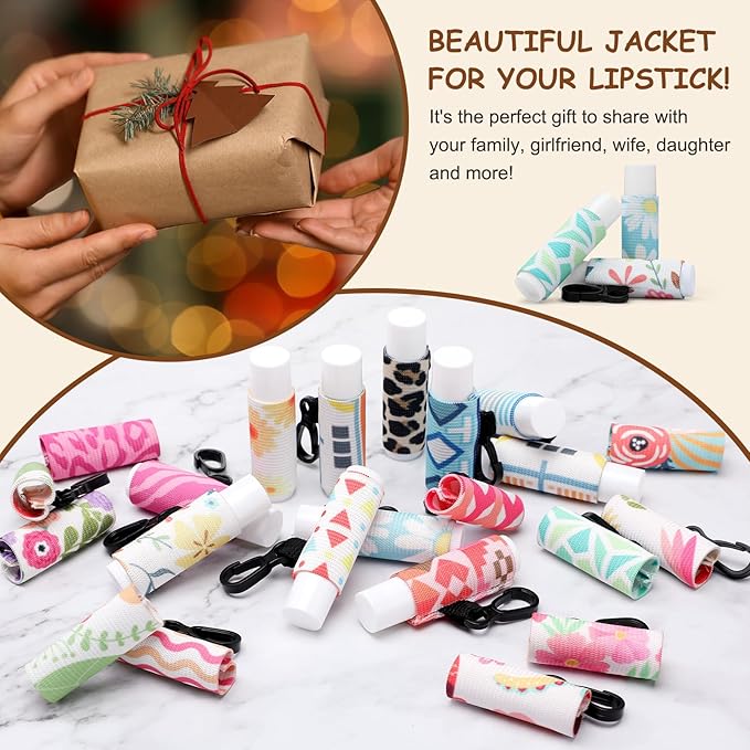 36 Pcs Lip Balm Holder Keychain Lip Gloss Holder Keychain Floral Patterns Lip Balm Sleeves with Clip Clip on Lipstick Keychain Sleeves Holder