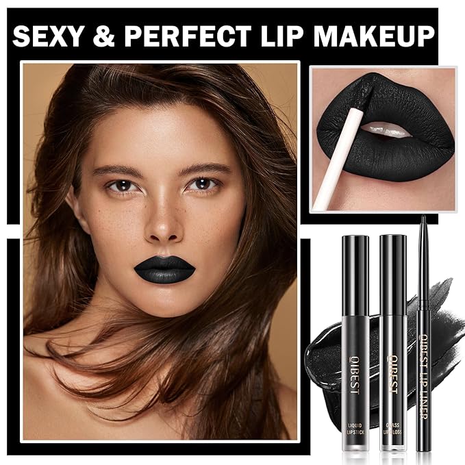 3Pcs Black Lip Liner And Lipstick Set Liquid Charming