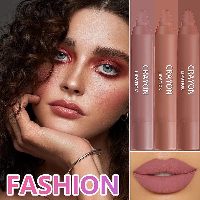 3 Pcs Nude Crayon Lipstick Set,Matte Velvet Lipstick Lip Crayon Nourishing Non-Stick Cup Lip Stain Lip Gloss,Long-lasting Waterproof Lip Stick Lip Makeup for Women(Set B)