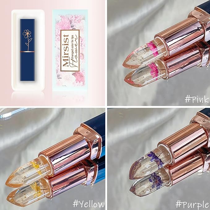 3Pcs Clear Magic Color Jelly Lipstick,Crystal Jelly Flower Color Changing Moisturizing Lip Gloss, Crystal Aloe Vera Lip Balm,Long Lasting PH Clear Temperature Lip Stick