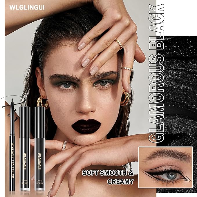 3Pcs Black Matte Liquid Lipstick and Lip Liner Long
